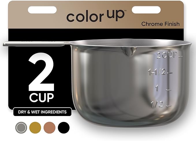 Color Up 2 Cup Measuring Cup, 480ml Stainless Steel Metal, Easy-Pour Spouts, Engraved Markings, Flat Base, Dishwasher Safe, for Dry and Liquid Ingredients