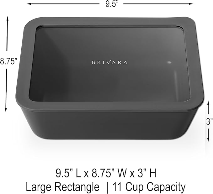 Ceramic Coated Glass Food Storage Container | No PTFE, PFOA, PFAS, and BPA | Reusable Non Toxic Meal Prep Container with Glass Lid | Easy To Store | 11 Cup Rectangle [Onyx]