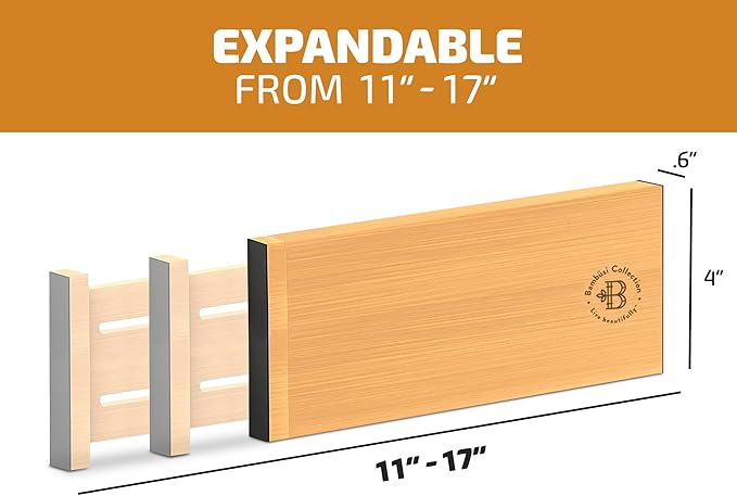 6 Pack Drawer Dividers 4 Inch High, 11”-17" Adjustable Bamboo Organizers Large Expandable Drawer Separators for Cloths, Dresser, Bedroom, Bathroom, Baby Drawer, Office & Kitchen Utensils (Natural)