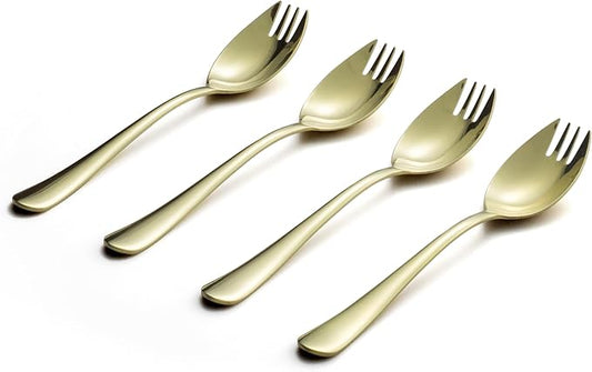 Alata Champagne Gold Mirror Sporks 8-Pack Set Stainless Steel Sporks, 7.4 Inches Long Handle Salad Forks For Dessert, Ice Cream, Salad, Soup, Noodle, Spaghetti, Dishwasher Safe