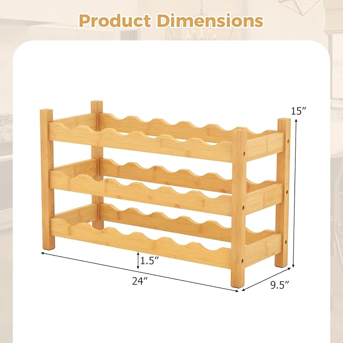 COSTWAY 3-Tier Bamboo Wine Rack, 18-Bottle Tabletop Wine Holder with Wave Slot, Freestanding Countertop Wine Bottle Organizer for Kitchen, Pantry, Pub & Wine Cellar, Natural