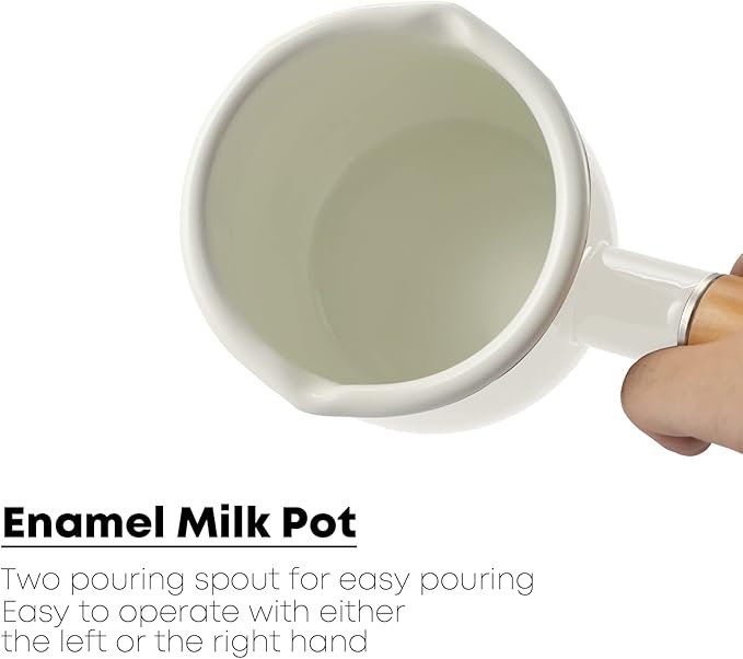 0.6qt Mini Enamel Milk Pot Insulated Wooden Handle 2 Pour Spouts Small Food Warmer Cute Saucepan(D015,White)