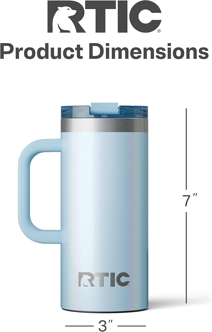 RTIC 16oz Road Trip Travel Mug with Lid and Handle, Ceramic Lined, Insulated, Stainless Steel, Metal, Double Wall Vacuum-Insulation, Portable Coffee, Tea Cup for Hot and Cold Drink, RTIC Ice Glitter