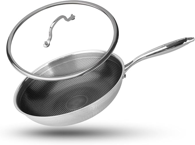 Hybrid Non Stick Wok, 13 inch Frying Pans Nonstick, Stainless Steel woks, PFOA Free Cookware, Dishwasher and Oven Safe, Induction Compatible