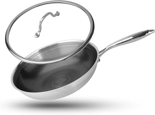 Hybrid Non Stick Wok, 12 inch Frying Pans Nonstick, Stainless Steel woks, PFOA Free Cookware, Dishwasher and Oven Safe, Induction Compatible