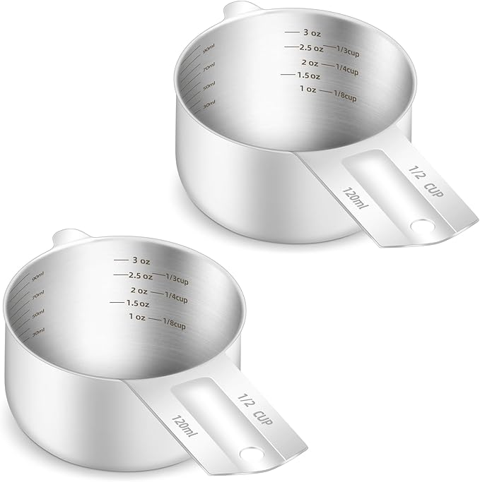 2PCS 1/2Cup (120ml, 4oz) Single Measuring Cup, Etched Inner Scale Stainless Steel Measure Scoop, Metric and US Measurement, Dishwasher Safe