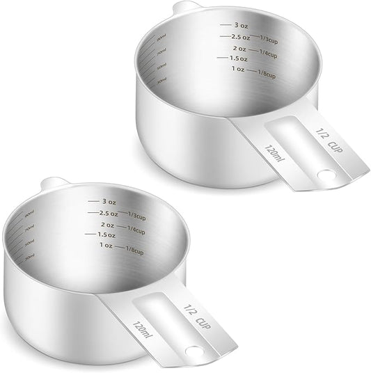 2PCS 1/2Cup (120ml, 4oz) Single Measuring Cup, Etched Inner Scale Stainless Steel Measure Scoop, Metric and US Measurement, Dishwasher Safe