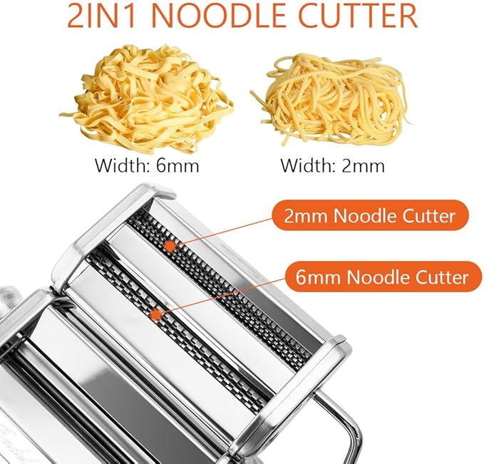 Pasta Maker Machine 150 Manual Pasta Machine with Roller & Cutter Adjustable 9 Thickness & 2 Width Hand Crank Noodles Maker for Spaghetti, Fettuccini, Lasagna
