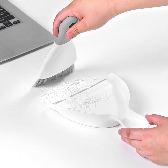 NACENA Mini Dustpan and Brush Set, Small Broom and Dustpan Set Dust Pan and Mini Hand Broom Dustpan and Broom Combo Compact for Home Table Keyboards Sofa Kitchen Pets, White & Gray