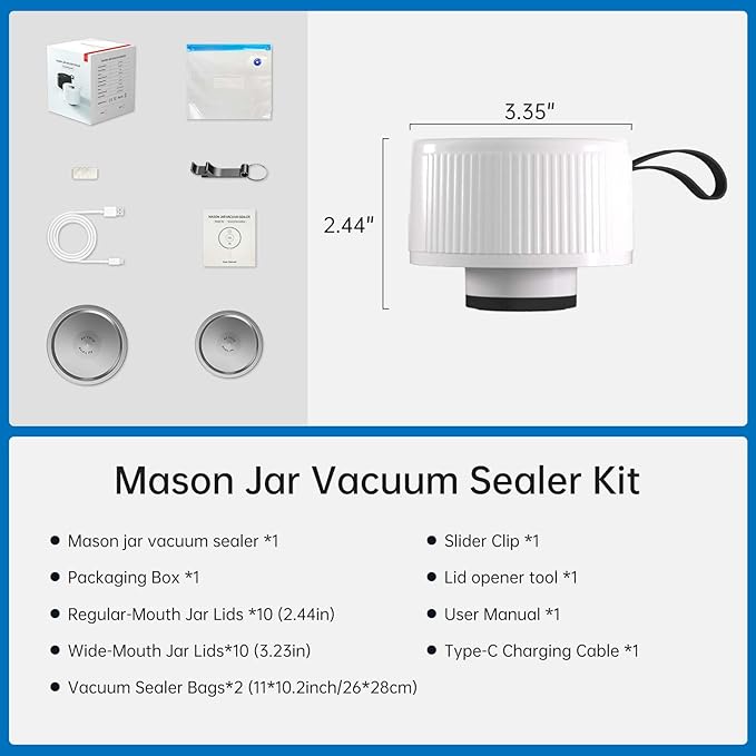 Electric Mason Jar Vacuum Sealer Kit, 3-in-1 Handheld Automatic Vacuum Sealer for Mason Jars, Canning Sealer Machine for Jars, Containers, Vacuum Bags | Present for Mom, White