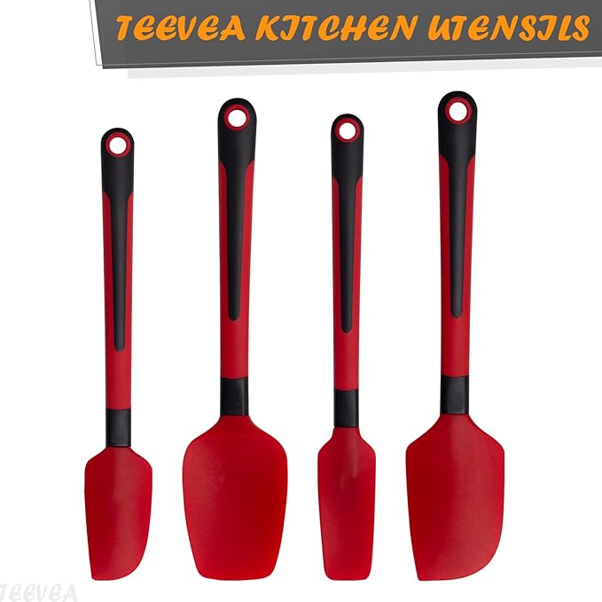 TEEVEA Silicone Spatula for Cooking Baking Mixing, Heat Resistant Non-Stick Dishwasher Safe BPA-Free Kitchen Utensils, Set of 4, Red and Black
