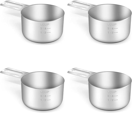 4PCS 1Cup (240ml, 8oz) Single Measuring Cup, Stainless Steel Measure Scoop, Metric and US Measurement, Dishwasher Safe
