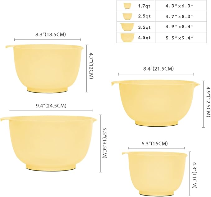BoxedHome Nesting Plastic Mixing Bowl Set, 4 Piece Mixing Bowl Set with Pour Spouts, Size 1.7, 2.5, 3.5 and 4.5qt, for Prepping, Mixing, Baking, Cooking(2023 New Version, Yellow)