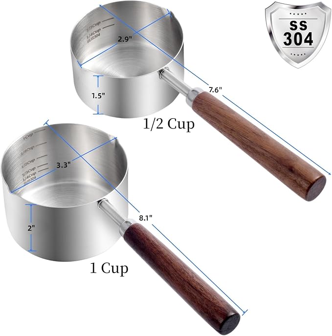 Kichwit Dog Food Scoop, 1 Cup and 1/2 Cup, 304 Stainless Steel Pet Food Scoop Measuring Cup with Wooden Handle, Set of 2