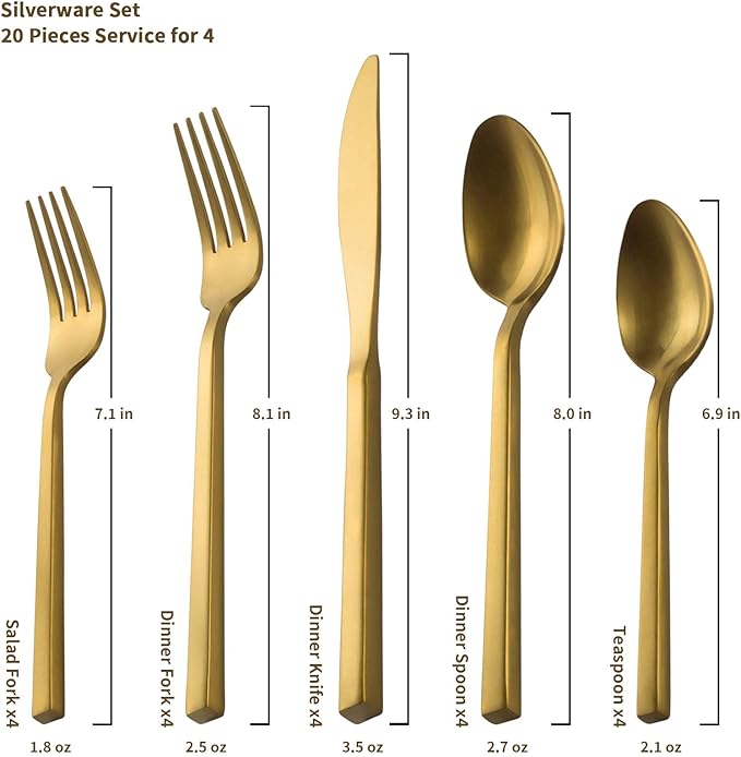 Alata Cube Gold 45-Piece Flatware Set, Forged Cutlery Set, Matte Gold Silverware Service for 8, Stainless Steel Tableware with Square Handle for Home/Restaurant, Dishwasher Safe
