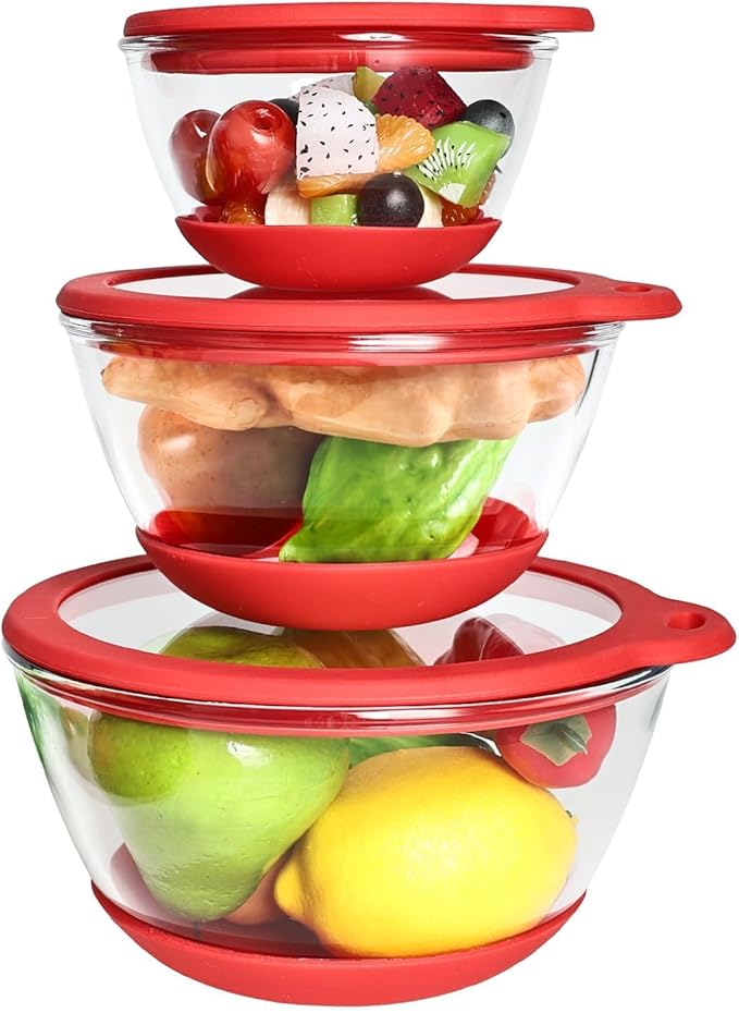 Glass Mixing Bowls Set of 3 with BPA-Free Airtight Lids, Large Nesting Bowls with Non-Slip Silicone Base, Ideal for Food Storage, Dishwasher & Microwave Safe, Sizes: 2, 1, 0.5 QT Red