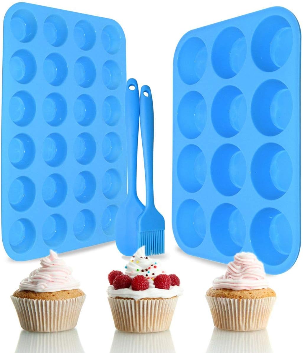 Silicone Muffin Pan Cupcake Set – Non-Stick 12 Cups and Mini 24 Cups,Silicone Baking Molds,BPA Free Muffin Tin with 1 Silicone Spatula & 1 Oil Brush (blue)