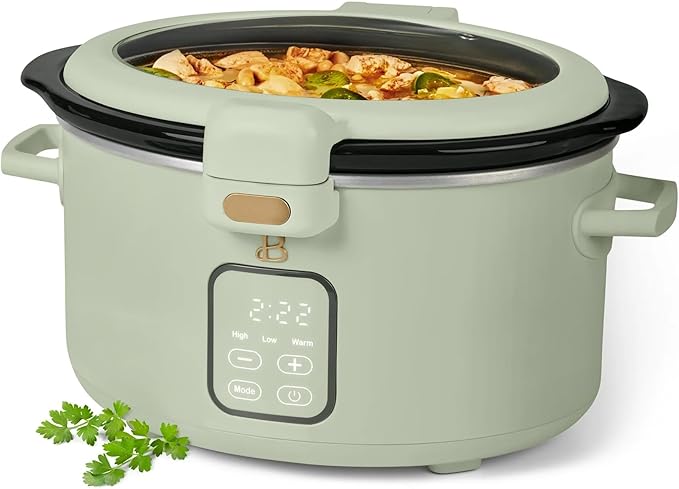 Beautiful 4-Qt Programmable Slow Cooker with Hinged Locking Lid & Touch Display – 3 Heat / 4 Timer Settings (Sage Green)