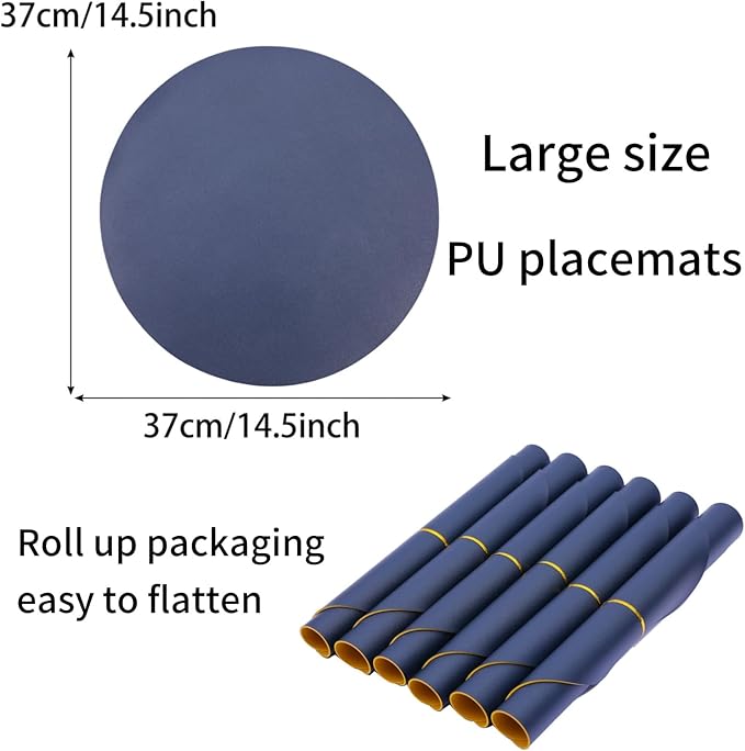 Faux Leather Placemats Set of 6 Reversible,Round PU Placemat for Dining Table,Waterproof Table Mats Heat Resistant Wipeable Anti Slip Washable,Modern Table Protectors(Navy Blue and Yellow)