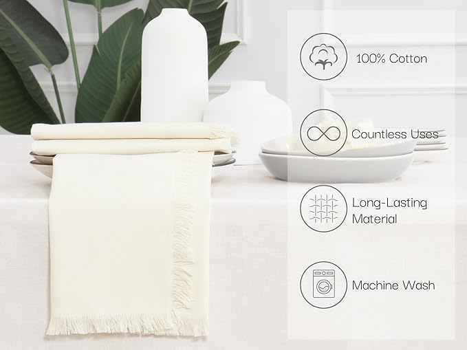 PurpleEssences Cloth Napkins with Fringes, 100% Cotton Christmas Holiday Winter Table Decor, Set of 6 18x18 Inch Reusable Dinner Napkins for Parties and Weddings - Beige