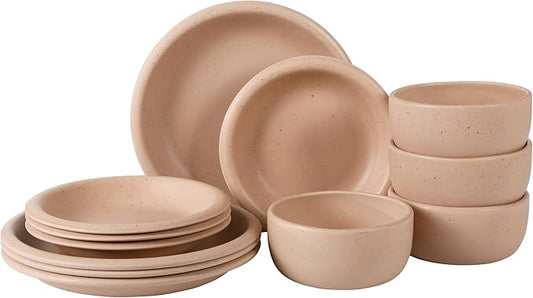 Bloomhouse - Two Time Oprah's Favorite Things Winner - Corsica Clay 12 Piece Stoneware Rustic Reactive Glaze Dinnerware Set - Stackable Plates and Bowls Set. Service for 4 - Matte Prosecco Blush Pink