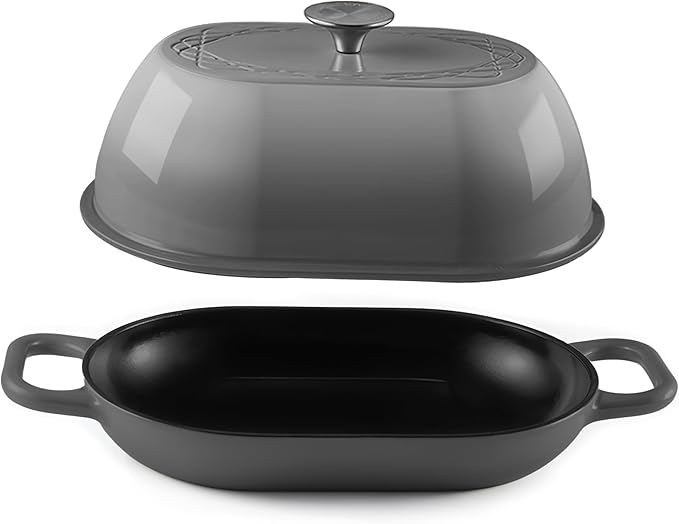 Enameled Cast Iron Dutch Oven for Professional Sourdough Bread Baking | 5.5 Quart Loaf Size Oval Cookware Pot with Lid | Triple-Layer Enamel Coating Pan with Non Stick Silicone Mat | Gray