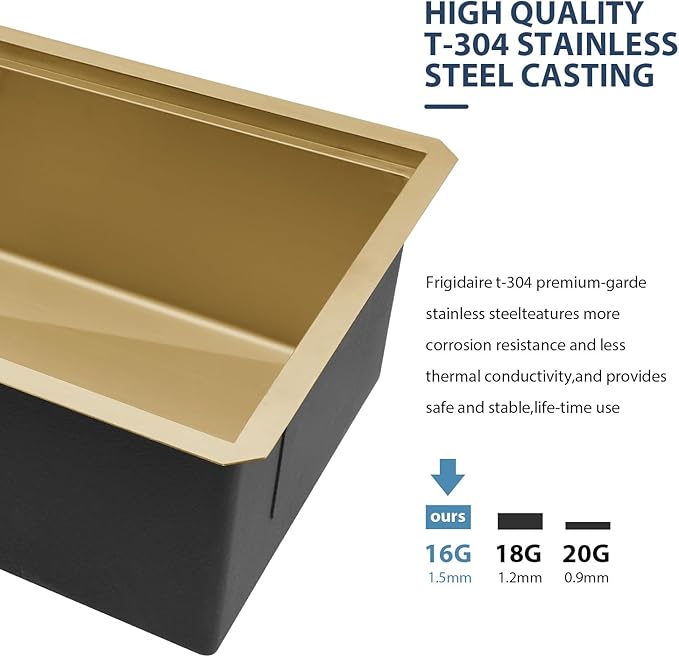 Lordear 28 Undermount Kitchen Sink Gold Stainless Steel 16 Gauge Under Counter Workstation Sink Single Bowl 304 Stainless Steel One Basin Handmade Sinks