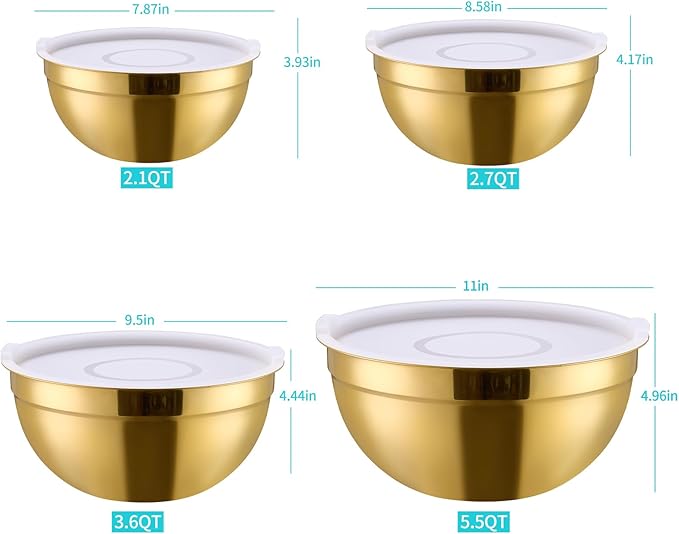 4 Piece Gold Mixing Bowls With Lids for Kitchen, Stainless Steel Set Ideal for Baking, Prepping, Cooking and Serving Food, Nesting Metal Bowls for Space Saving Storage