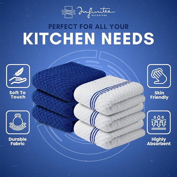 Infinitee Xclusives 100% Cotton Kitchen Towels - 15x25 Inch Ultra Soft Tea Towel, Super Absorbent Terry Dish Towels for Kitchen Linens |Blue|