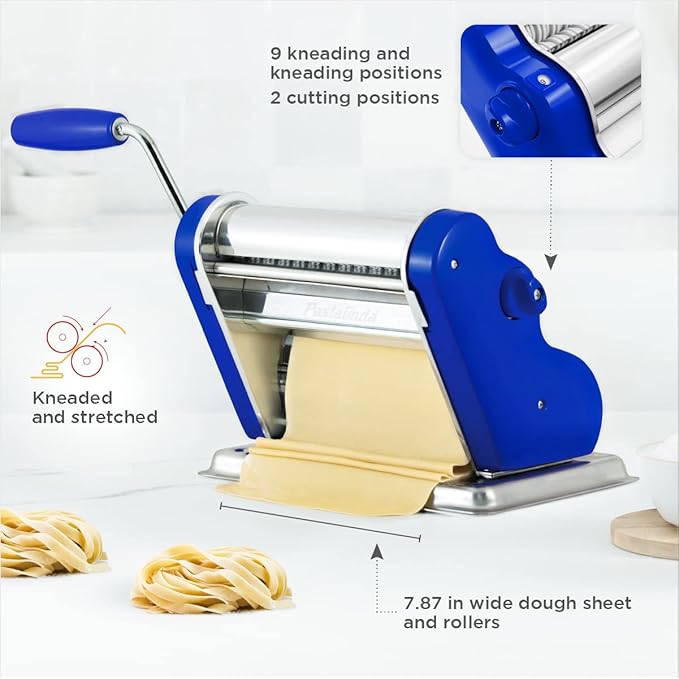 PASTALINDAClassic 200 Pasta Maker Machine, 20 cm Wide Rollers, 9 Thickness Positions, 2 Cutting Positions, Stainless Steel. Includes Reinforced Hand Crank And Two Clamps (Blue)