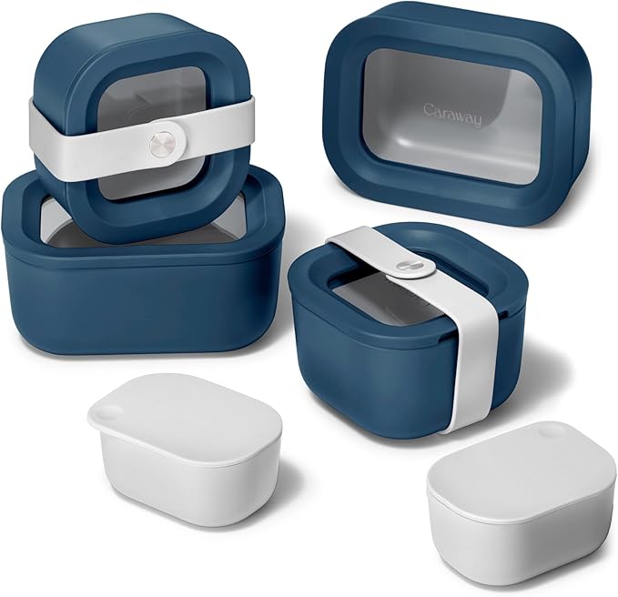 Caraway Mini Food Storage 11pc Set - Glass Storage Containers for Food - Non-Toxic Ceramic-Coated Glass - Air Release Technology - Compact & Stackable Design - Navy