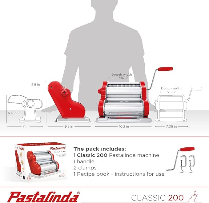 PASTALINDAClassic 200 Pasta Maker Machine, 20 cm Wide Rollers, 9 Thickness Positions, 2 Cutting Positions, Stainless Steel. Includes Reinforced Hand Crank And Two Clamps (Red)