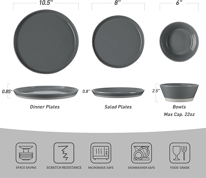 Famiware Saturn Speckled Dinnerware Sets for 8 (24 Pieces), Stoneware Plates and Bowls Dish Set - Chip and Scratch Resistant, Microwave and Dishwasher Safe, Dark Gray