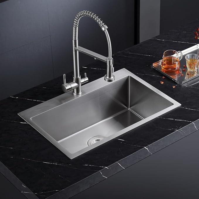 27 Inch Drop in Kitchen Sink with 2 Holes, 18 Gauge 304 Stainless Steel Topmount Single Bowl Handmade Kitchen Sink Brushed Nickel, D27" x W18" x H9"