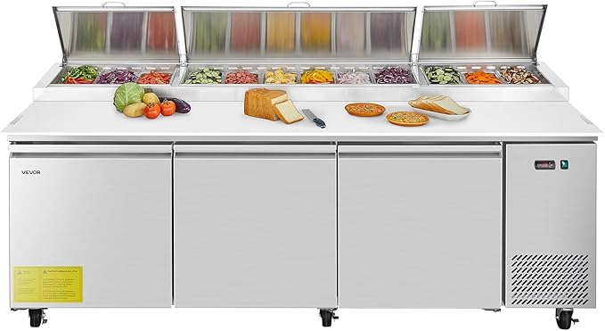 VEVOR 93"W Commercial Refrigerator, Pizza Prep Refrigerated Table, 19.3" Ultra Wide Countertop Food Prep Cooler, 30.8 Cu.Ft Single Door Salad Prep Fridge, 12 Pans Pizza Make Worktop with Cutting Board