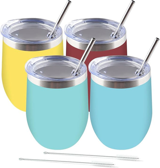 Amtidy 4 Pack Powder Coated Stainless Steel Tumbler with Lid,Equipped with straw and straw brush，12 oz Double Wall Vacuum Insulated Travel Tumbler Cup for Coffee, Wine, Cocktails