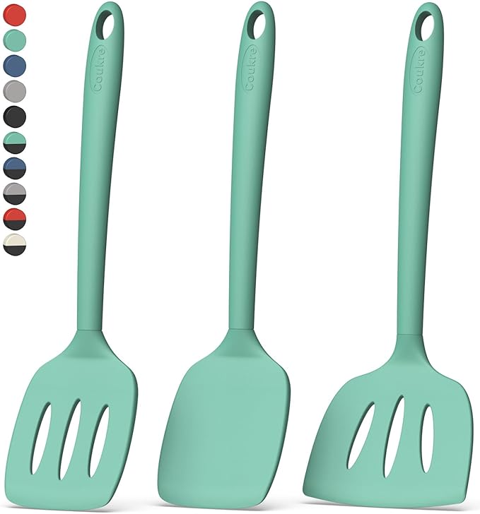Coukre 3 Pack Silicone Spatula Set, High Heat Resistant, BPA-Free, Fish Spatula, Solid & Slotted Turner for Non-Stick Pans, Flipping Eggs, Pancakes, Fish, Burgers (3, PureAquaGreen)