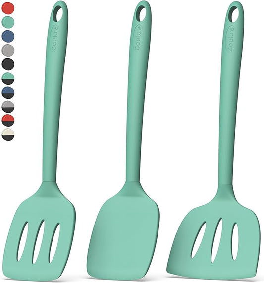 Coukre 3 Pack Silicone Spatula Set, High Heat Resistant, BPA-Free, Fish Spatula, Solid & Slotted Turner for Non-Stick Pans, Flipping Eggs, Pancakes, Fish, Burgers (3, PureAquaGreen)