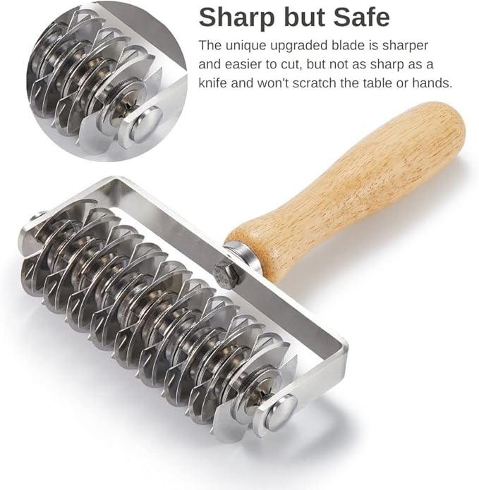 Pastry Lattice Roller Cutter, UPGRADE Stainless Steel Dough Lattice Roller Cutter for Beef Wellington Fishnet Crust Top Cookie Pie Pizza Bread,Wood Handle