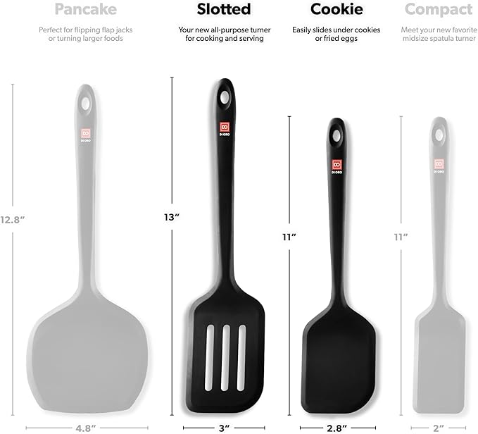 DI ORO Silicone Turner Spatula Set - Kitchen Spatulas for Nonstick Cookware - Cooking Utensils for Flipping Eggs & Pancakes - 600°F Heat-Resistant BPA Free Turners - Dishwasher Safe (2pc, Black)