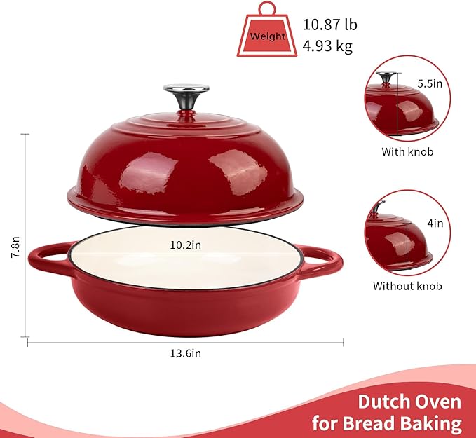 Dutch Oven for Bread Baking, 5.4 Quart Dutch Enameled Cast Iron Bread Oven, Dutch Oven for Sourdough Bread Baking, Oven Safe up to 500° F, 25 cm Red