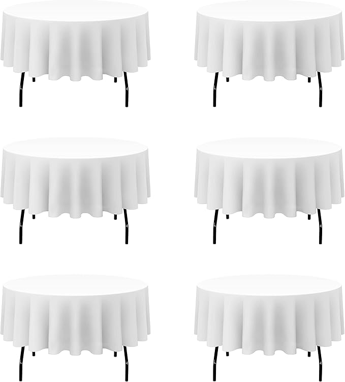 BRILLMAX 6 Pack White 70 Inch Round Tablecloths Fit 30" to 54" Tables (8-20" Drop) - Circle Bulk Linen Polyester Fabric Washable Cloth Cover for Wedding Reception Banquet Birthday Party Buffet