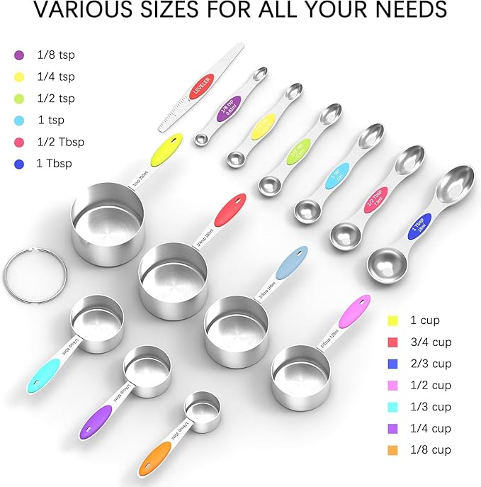 TILUCK measuring cups and magnetic measuring spoons set, stainless steel measuring cups, 6 double-sided stainless steel measuring spoons & 1 leveler(7+7)
