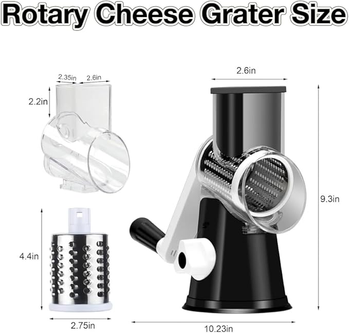 Rotary Cheese Grater Hand Crank, Grater For Kitchen With Reinforced Suction - Rotary Cheese Grater With 3 Replaceable Stainless Steel Blades - Easy to Use & Clean - Vegetable Cutter (Black)