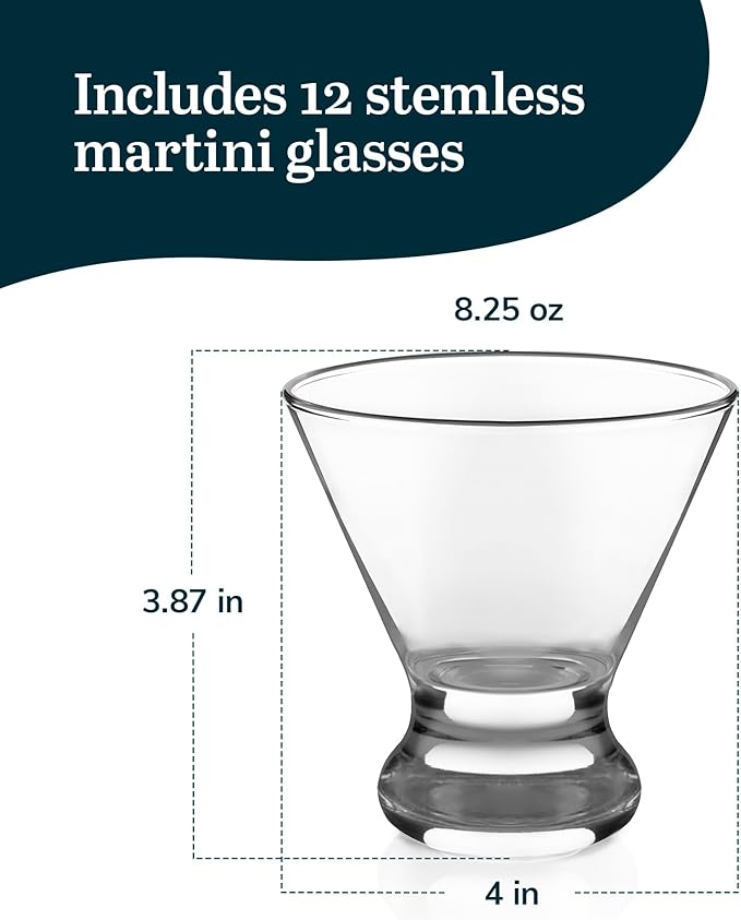 Libbey Cosmopolitan Stemless Martini Glasses Set Of 12, Dishwasher Safe Holiday Martini Glass, Lightweight Cocktail Glass Set for Wedding Party
