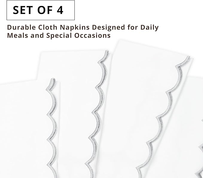 PurpleEssences Scalloped Embroidery Cloth Napkins Christmas Holiday Winter Table Decor 100% Cotton Set of 4-18 x 18 inch - White - Edges - Silver