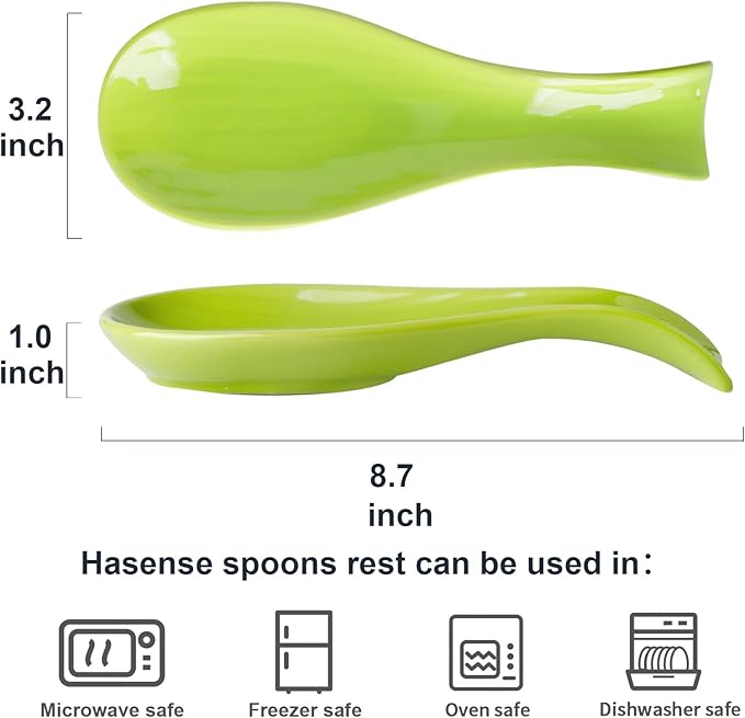 Hasense Spoon Rest for Stove Top, Large Ceramic Spoon Holder for Kitchen Counter, Cooking Utensil Rest for Spatula Ladle Spoon and Tong, Kitchen Spoon Rest for Home and Coffee Bar Accessories, Green