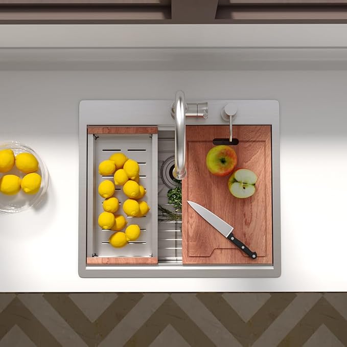 Lordear Drop In Kitchen Sink 25 Inch Stainless Steel Drop In Workstation Sinks 16 Gauge Ledge Workstation 25x22 Drop-in Topmount Single Bowl Kitchen Sink With Accessories