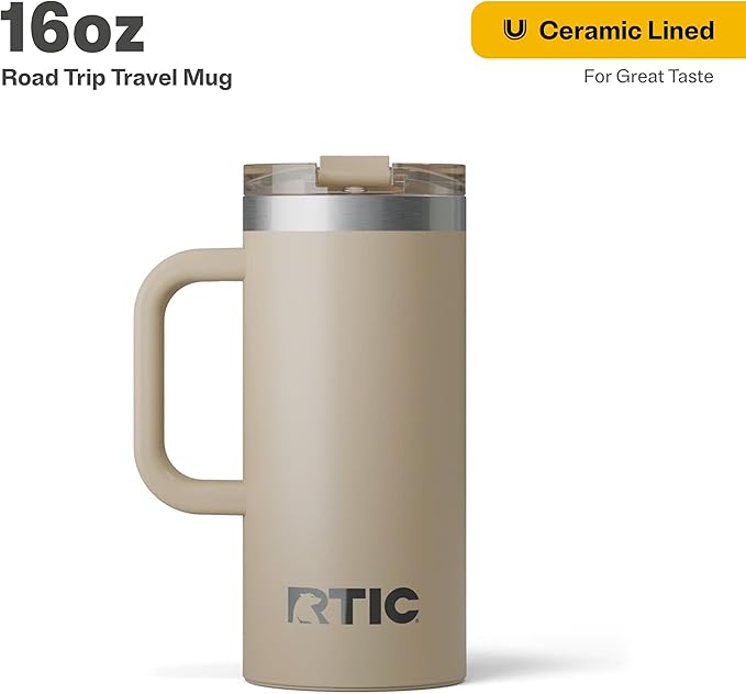 RTIC 16oz Road Trip Travel Mug with Lid and Handle, Ceramic Lined, Insulated, Stainless Steel, Metal, Double Wall Vacuum-Insulation, Portable Coffee, Tea Cup for Hot and Cold Drink, Beach