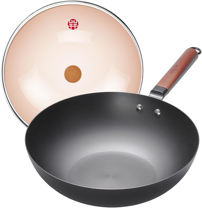 WANGYUANJI 12.6" Pure-Iron Wok with Glass Lid, Flat-Bottom Lightweight Chinese Stir-Fry Pan, Wooden Handle, Uncoated — Induction/Gas/Electric Compatible, Not Pre-Seasoned (Seasoning Required)